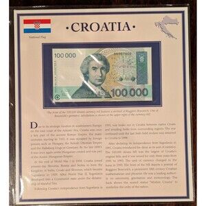 1993 Croatia 100,000 Dinara Banknote – Educational Display Card UNC